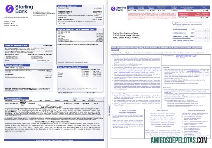 Extrato de hipoteca do Starling Bank do Reino Unido em formatos Word e PDF, 3 páginas baixar para verificação